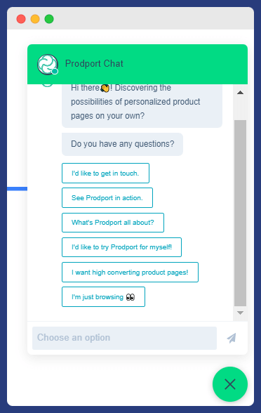 Chatbot on Prodport website to optimize the conversion funnel.
