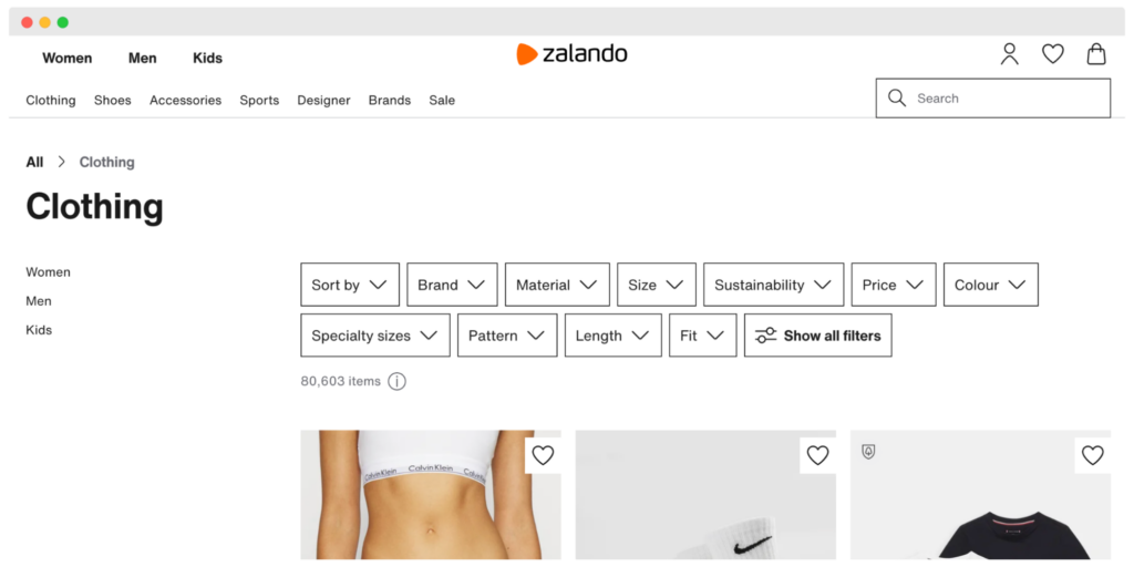 Zalando example of faceted search on ecommerce.