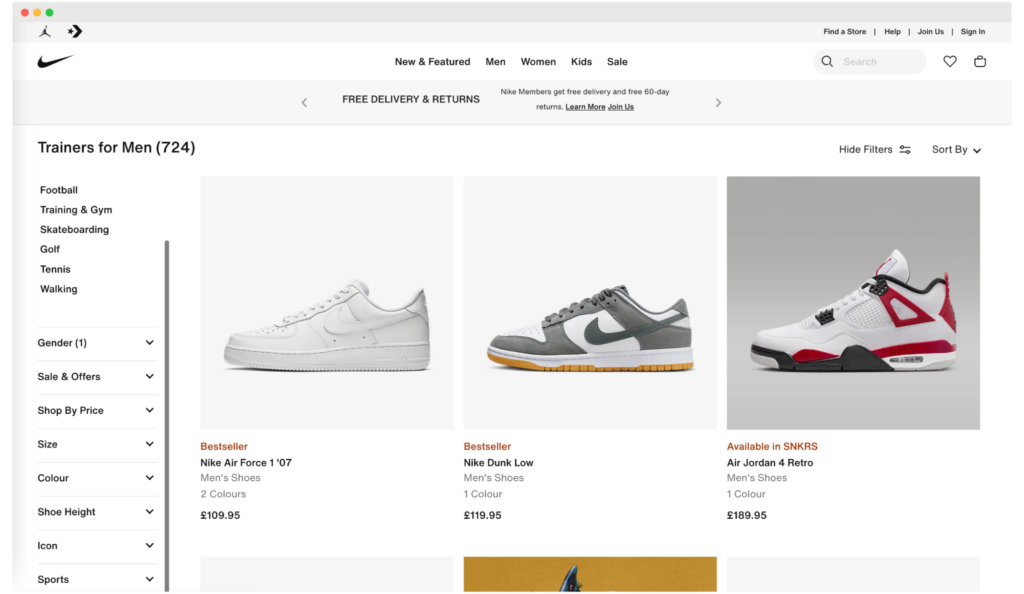 Nike example of faceted search in ecommerce.