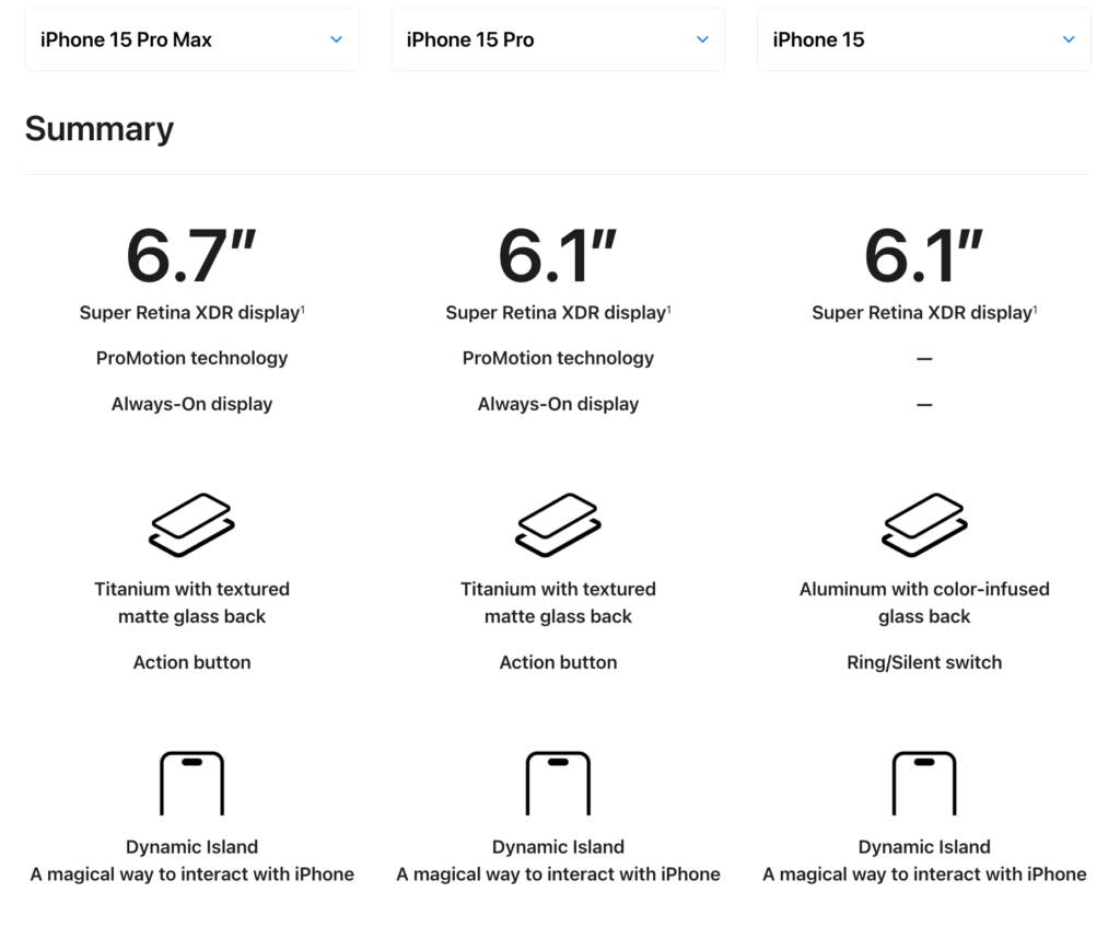 Apple and specifications visualized on product comparison page.